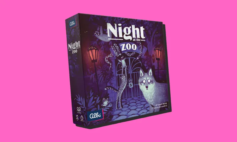 Schachtel von Night at the Zoo auf pinkem Hintergrund