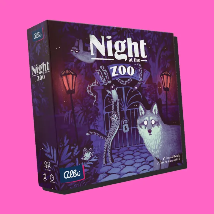 Schachtel von Night at the Zoo auf pinkem Hintergrund