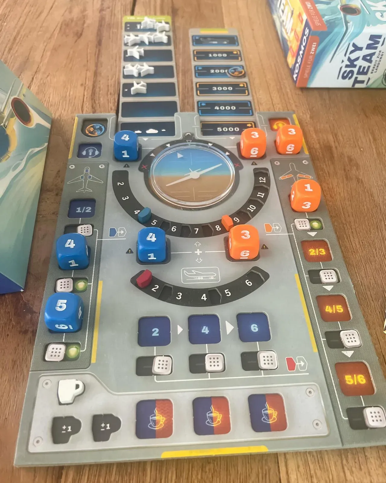 Das Spielbrett von Sky Team mit Höhenleiste und Würfeln
