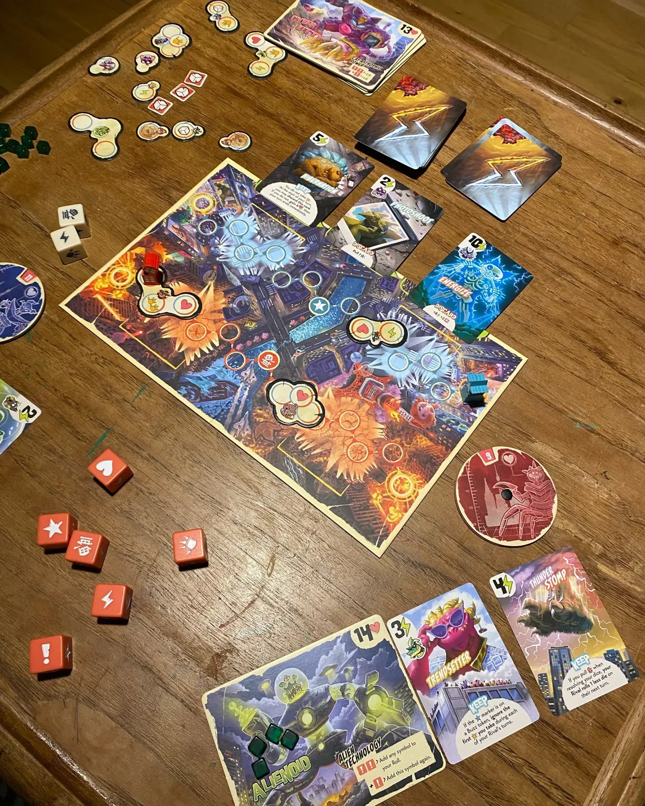 A King of Tokyo: Duel game laid out on the table, seen from above