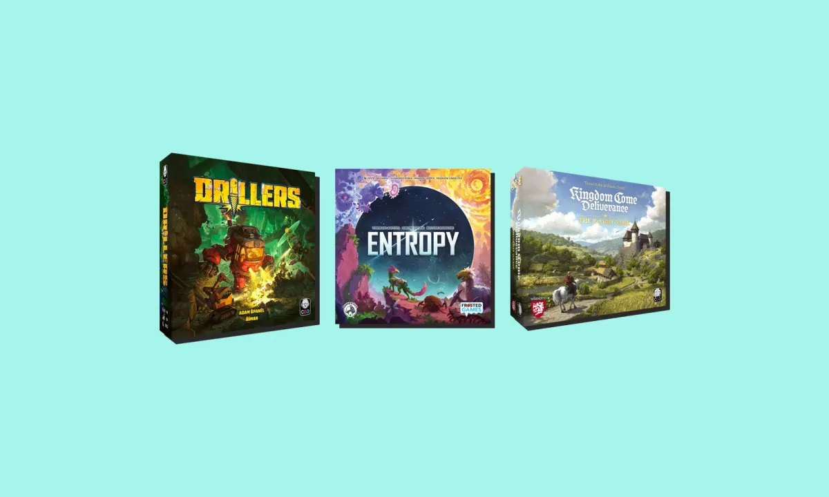 Die Schachteln von Drillers, Entropy und Kingdom Come: Deliverance nebeneinander